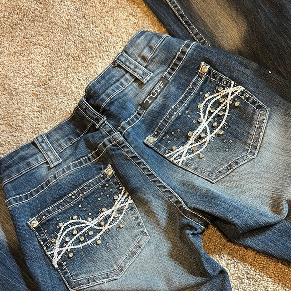 Cowgirl Tuff Denim - Cowgirl Tuff “Downtown” Embellised Blue Boot Cut Jeans with Vintage Fading
